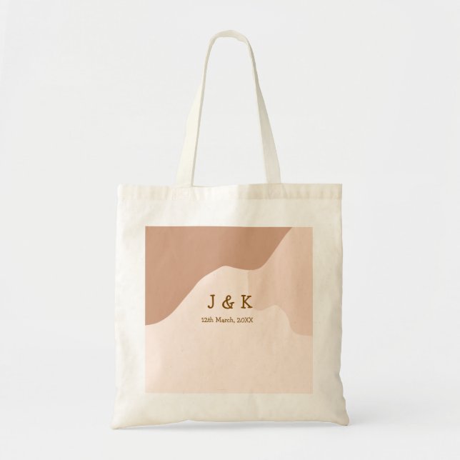 Beige boho curvy orange wedding name date tote bag (Front)