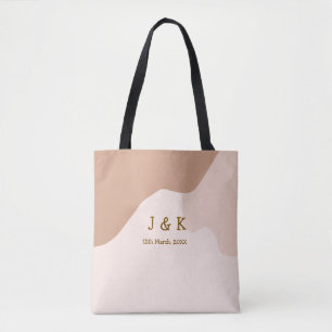 Beige boho curvy orange wedding name date tote bag