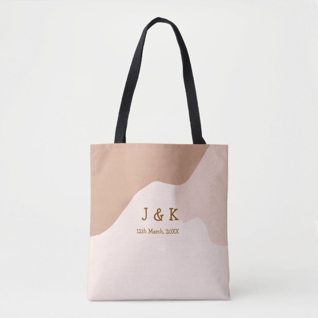 Beige boho curvy orange wedding name date tote bag (Front)