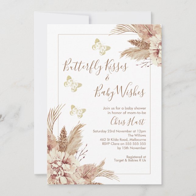  Beige Boho Floral Butterfly Kisses Baby Shower Invitation (Front)