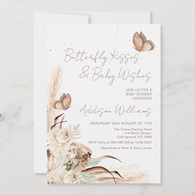 Beige Boho Floral Butterly Kisses Baby Shower Invitation (Front)