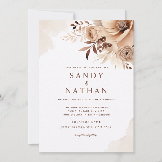 Beige Boho Floral Wedding Invitation (Front)