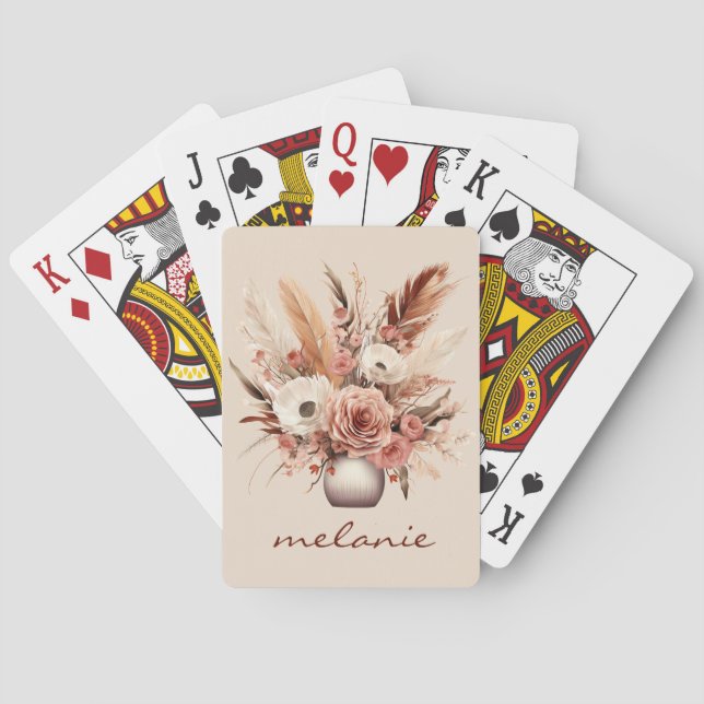 Beige Boho Personalised Floral Vase Artwork  Playing Cards (Back)