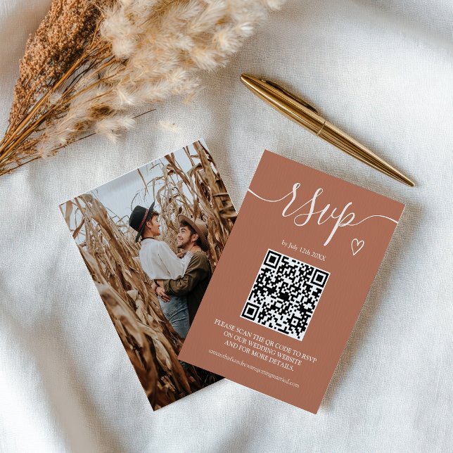 Beige boho terracotta wedding rsvp Qr code photo Enclosure Card (Beige boho terracotta wedding rsvp Qr code photo Enclosure Card)