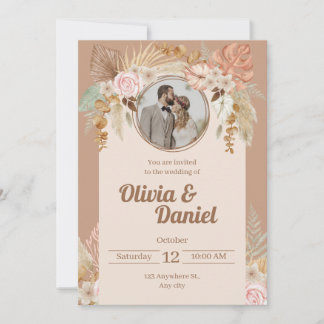 Beige Boho Watercolor Flowers Wedding Invitation