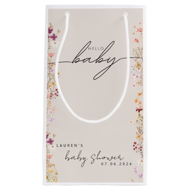Beige Boho Wildflower Baby Shower Favor Small Gift Bag (Front)