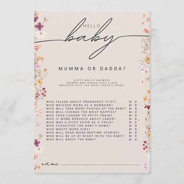 Beige boho wildflower baby shower mum or dad game advice card (Front)