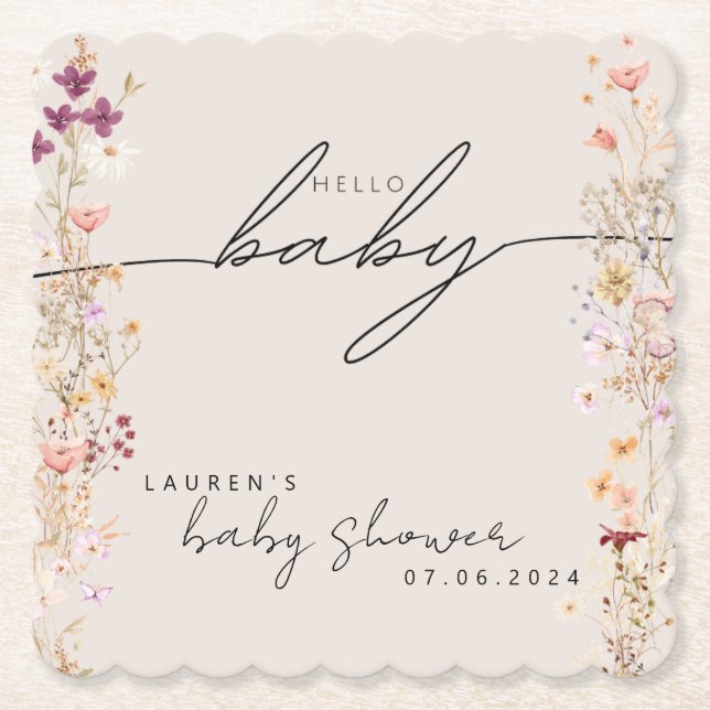 Beige Boho Wildflower Baby Shower Table Decor Paper Coaster (Front)