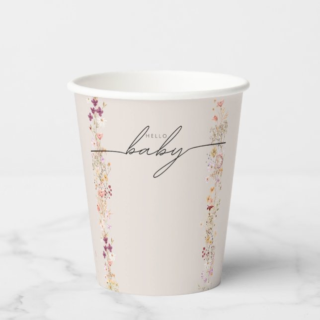 Beige boho wildflower baby shower tableware paper cups (Front)