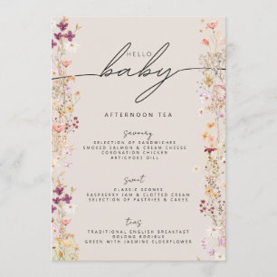 Beige Boho Wildflower Floral Hello Baby Shower Menu