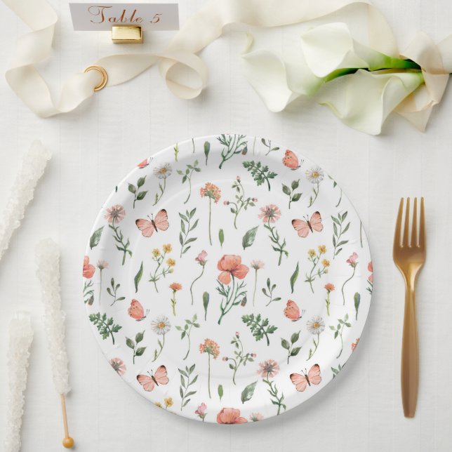 Beige Boho Wildflowers Patterned Paper Plates (Wedding)