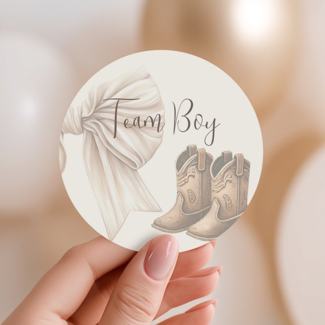 Beige Boots Or Bows Gender Reveal Team Boy Classic Round Sticker (Creator Uploaded)
