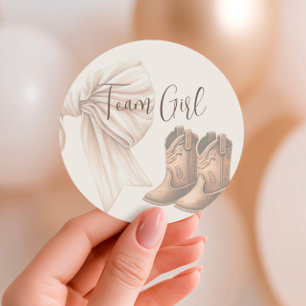Beige Boots Or Bows Gender Reveal Team Girl Classic Round Sticker