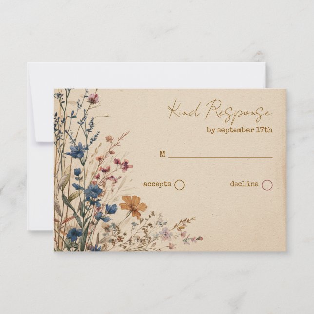 Beige Border Rustic Boho Wildflower QR Code RSVP Card (Front)