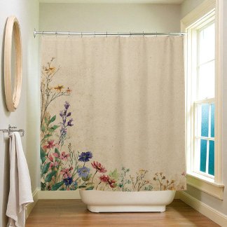 Beige Border Rustic Boho Wildflower Shower Curtai Curtain
