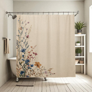 Beige Border Rustic Boho Wildflower  Shower Curtai Curtain