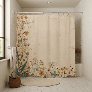 Beige Border Rustic Boho Wildflower  Shower Curtain