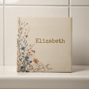 Beige Border Rustic Boho Wildflower  Tile