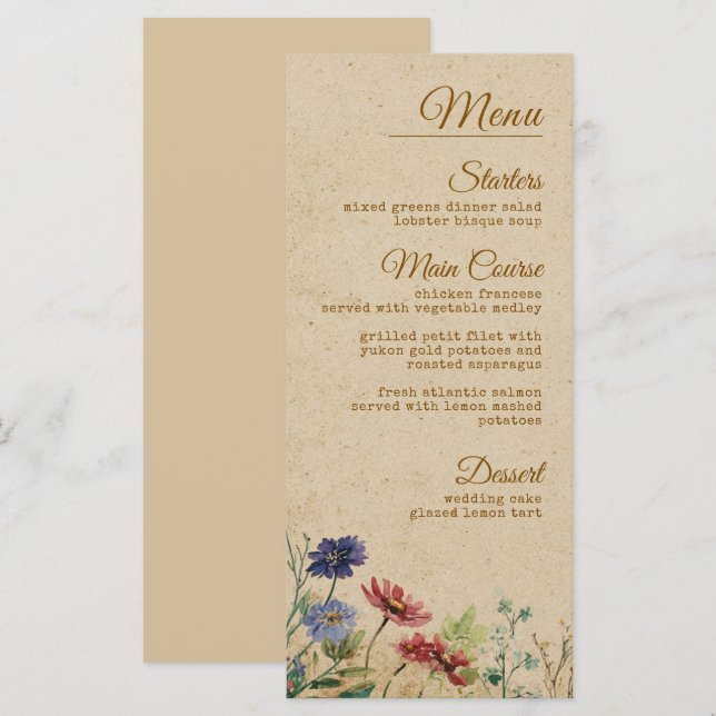 Beige Border Rustic Boho Wildflower Wedding Menu (Front/Back)