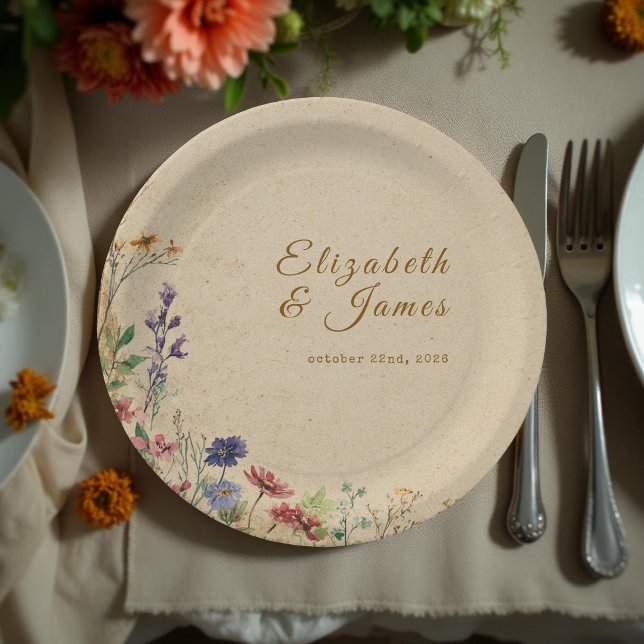 Beige Border Rustic Boho Wildflower Wedding Paper Plate (Creator Uploaded)