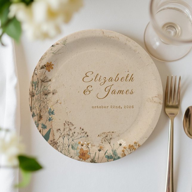 Beige Border Rustic Boho Wildflower Wedding Paper Plate (Creator Uploaded)