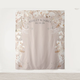 Beige botanical floral garden wedding backdrop tapestry