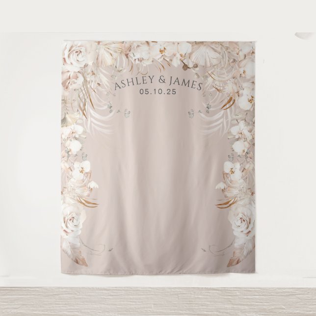 Beige botanical floral garden wedding backdrop tapestry (Front)