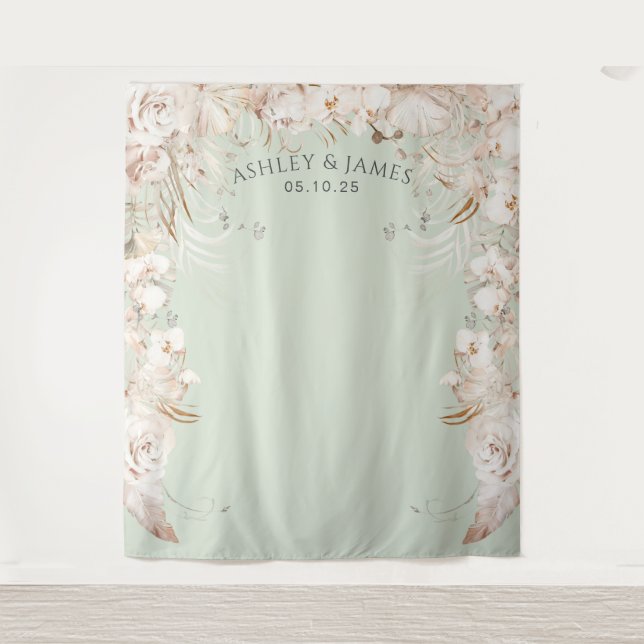 Beige botanical floral garden wedding backdrop tapestry (Front)