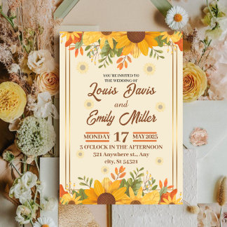 Beige botanical wedding with orange,yellow flowers invitation