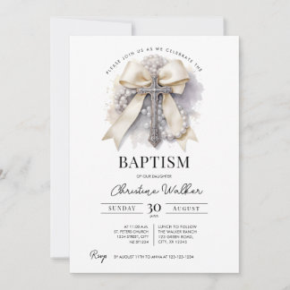 Beige Bow Baptism Invitation | Cross & Rosary
