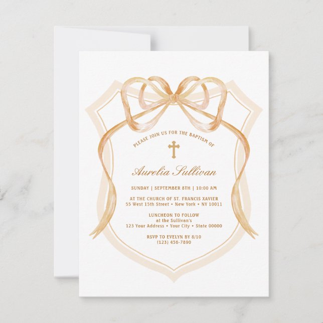 Beige Bow Crest Baptism Invitation (Front)