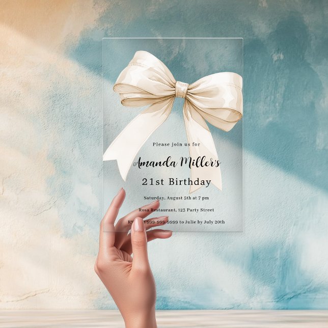 Beige bow elegant clear luxury birthday acrylic invitations (Creator Uploaded)