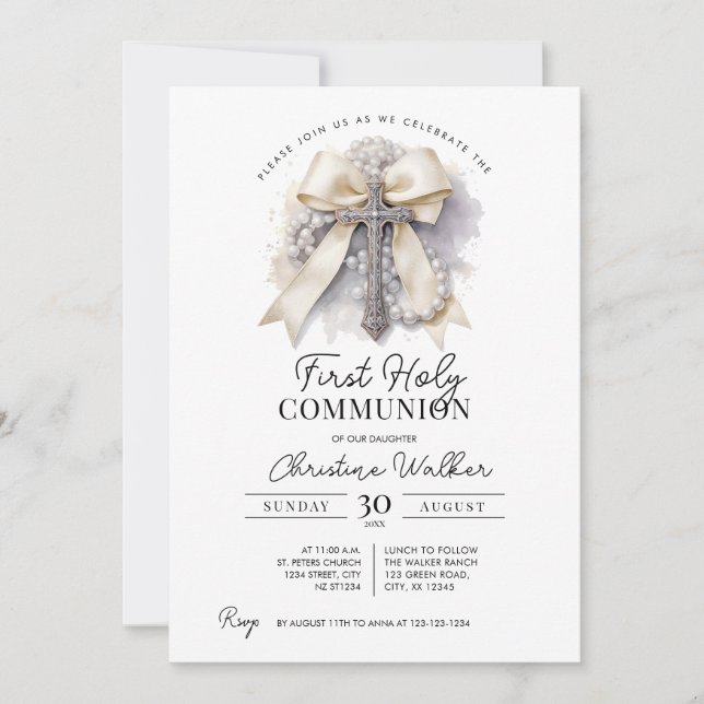 Beige Bow First Holy Communion Invitation (Front)