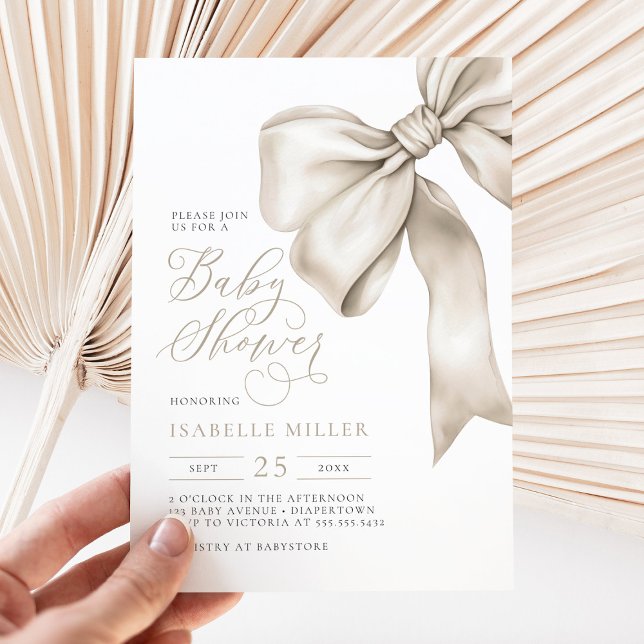 Beige Bow Gender Neutral Baby Shower Invitation (Creator Uploaded)