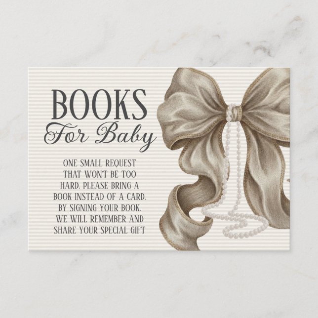 Beige Bow Girl Baby Shower Books For Baby Enclosure Card (Front)