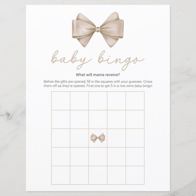 Beige Bow Modern Baby Shower Bingo Game (Front)