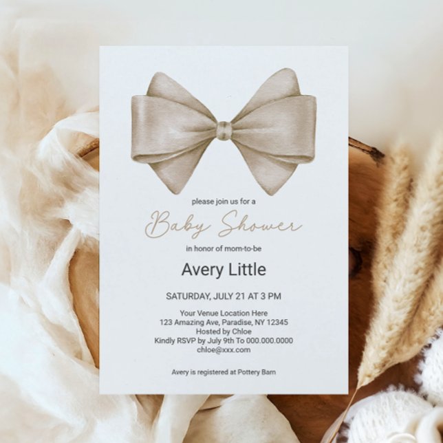 Beige Bow Modern Boho Baby Shower Invitation (Creator Uploaded)