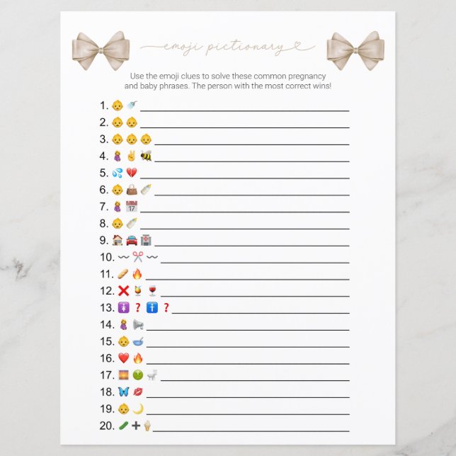 Beige Bow Modern Emoji Baby Shower Game (Front)