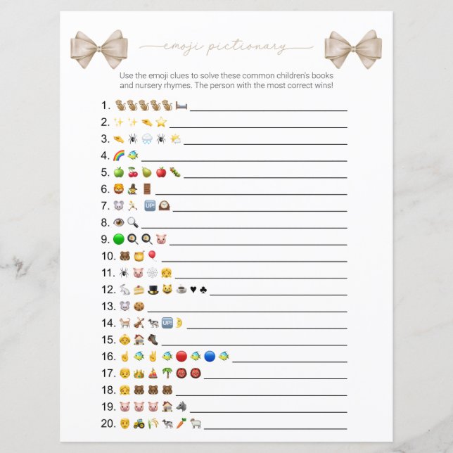 Beige Bow Modern Emoji Books Baby Shower Game (Front)
