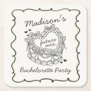 Beige Bow Retro Heart Coquette Cake Bachelorette Square Paper Coaster