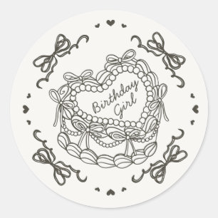 Beige Bow Retro Heart Coquette Cake Birthday Girl Classic Round Sticker