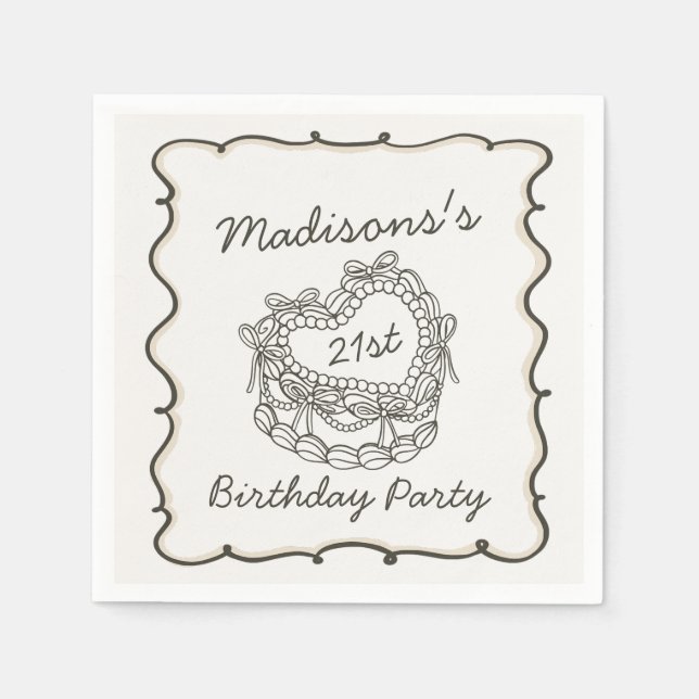 Beige Bow Retro Heart Coquette Cake Birthday Napkin (Front)