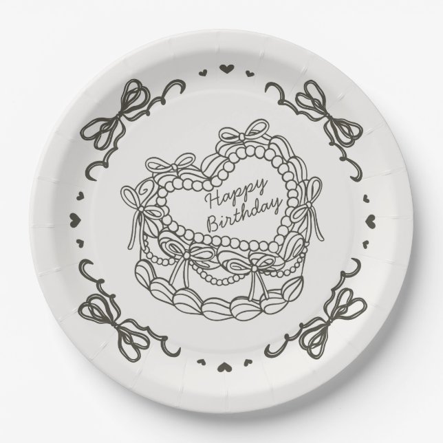 Beige Bow Retro Heart Coquette Cake Birthday Paper Plate (Front)