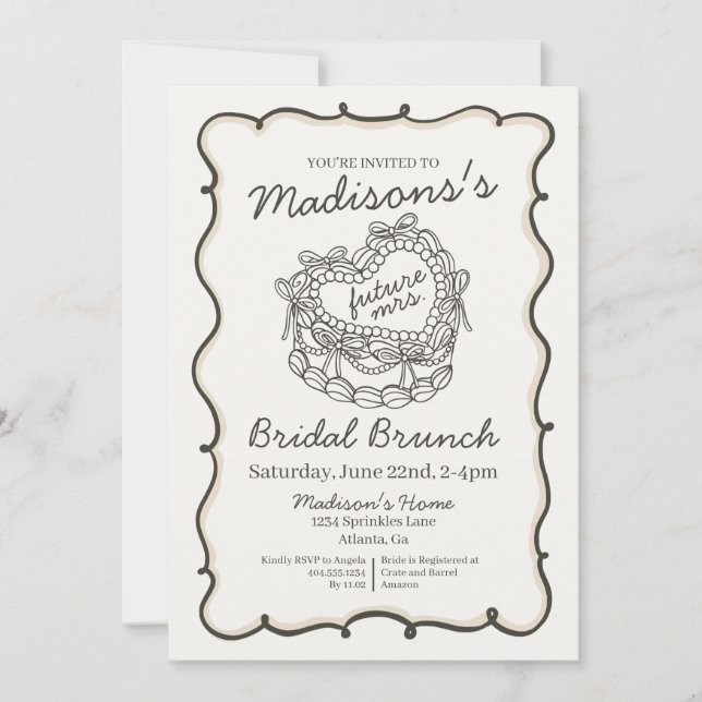 Beige Bow Retro Heart Coquette Cake Bridal Brunch Invitation (Front)