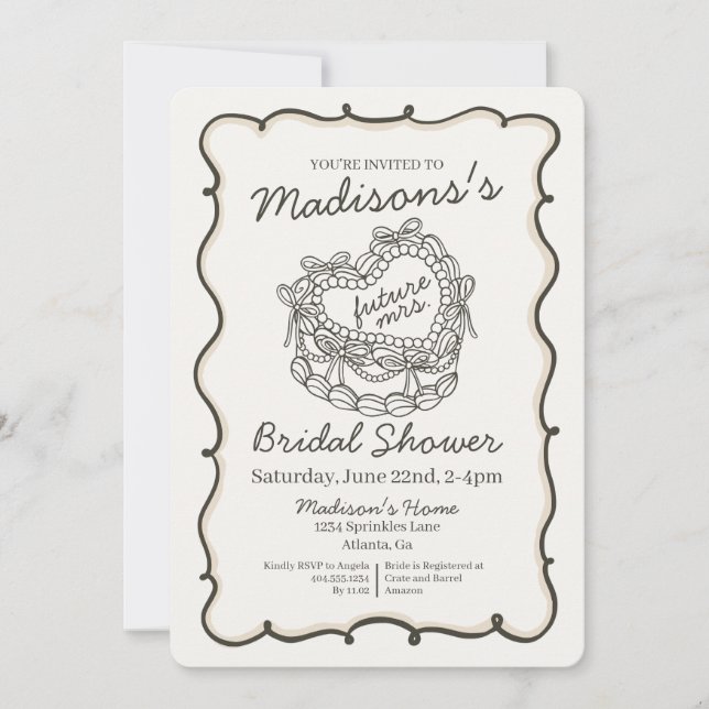 Beige Bow Retro Heart Coquette Cake Bridal Shower Invitation (Front)