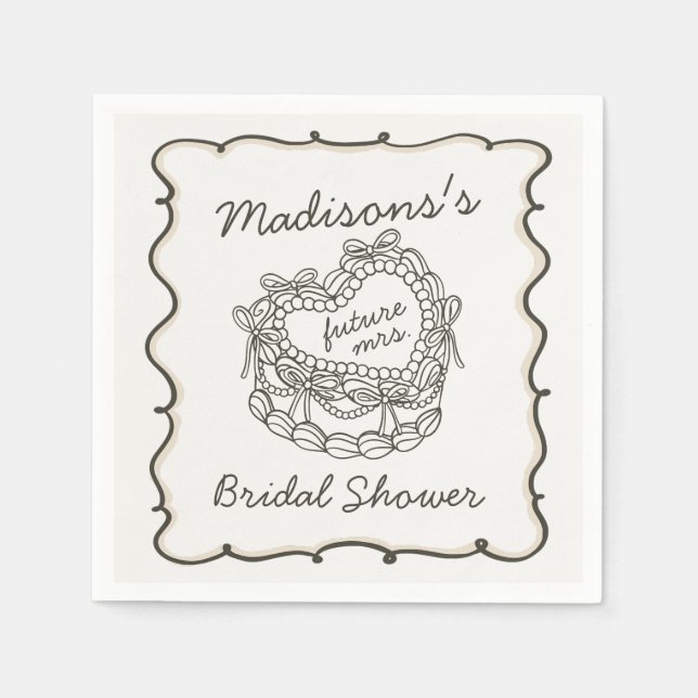 Beige Bow Retro Heart Coquette Cake Bridal Shower Napkin (Front)