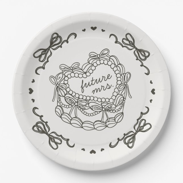 Beige Bow Retro Heart Coquette Cake Bridal Shower Paper Plate (Front)