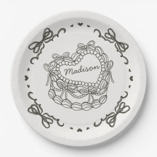 Beige Bow Retro Heart Coquette Cake Personalised Paper Plate