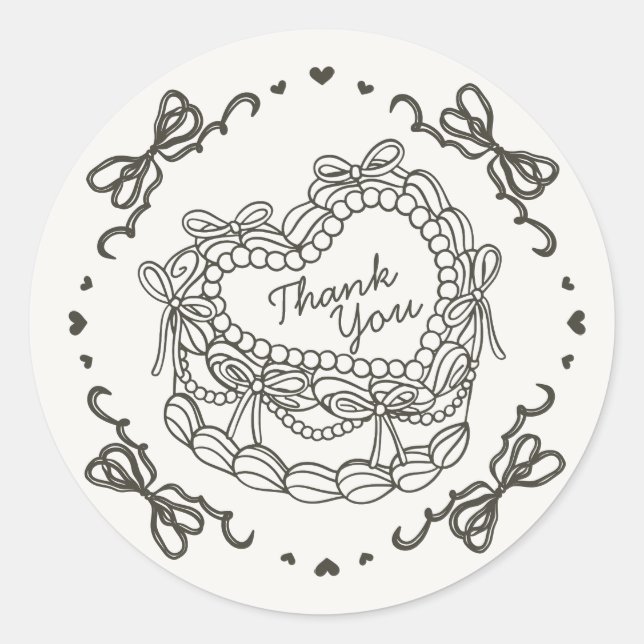 Beige Bow Retro Heart Coquette Cake Thank You Classic Round Sticker (Front)
