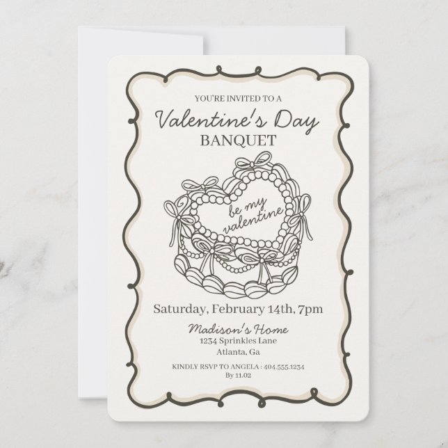 Beige Bow Retro Heart Coquette Cake Valentine Invitation (Front)